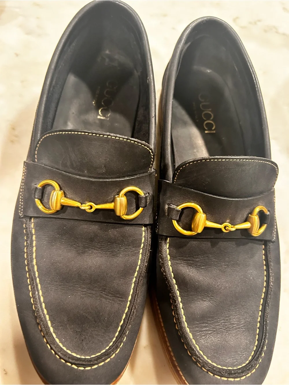 Gucci vintage Navy Leather Bit Loafers with Gold Hardware